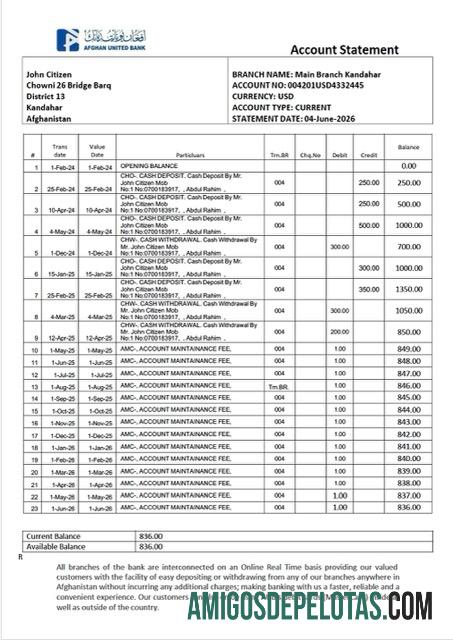 Profesional Afghan United bank┬árekening laporan┬áWord and PDF templat