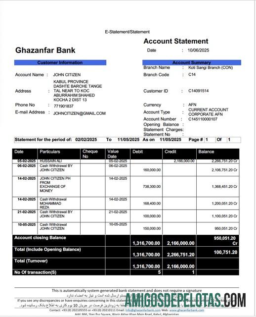 Premium Afganistan Ghazanfar bank┬árekening laporan┬áWord and PDF templat