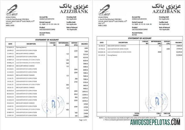 Profesional Afganistan┬áAzizi bank laporan of rekening Word and PDF templat, 2 pages