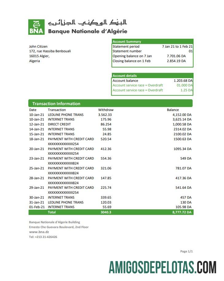 Aljazair Banque nationale dΓÇÖAlge╠ürie (BNA) Excel sampel