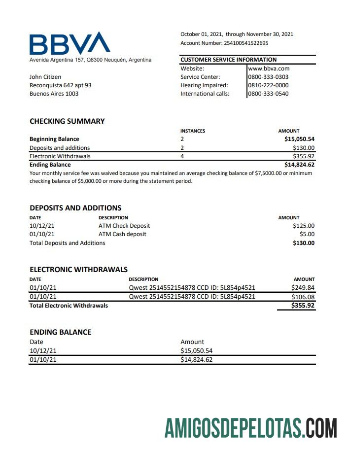 Argentina BBVA bank Excel sampel