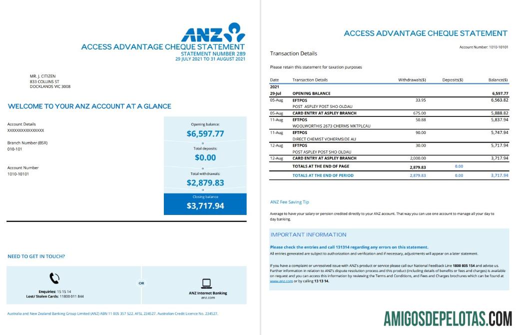 Profesional Australia ANZ proof of address bank laporan templat in .XLS and .PDF format, 2 pages