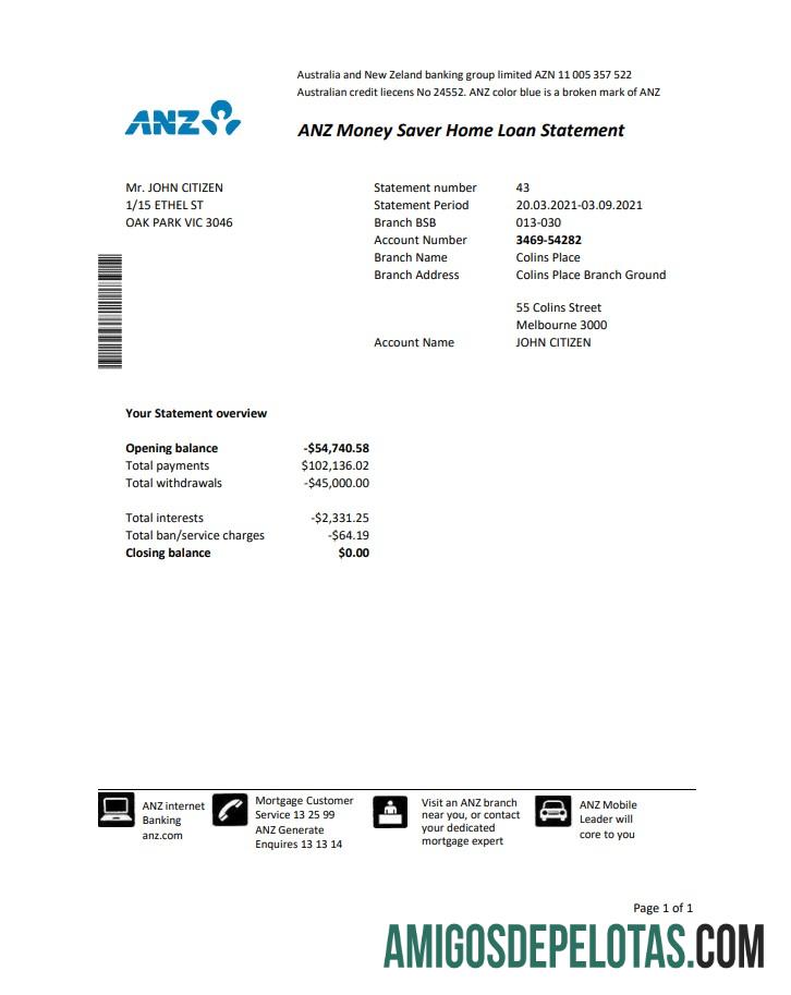 Dapat Diedit Australia ANZ proof of address bank laporan templat in Excel and PDF format