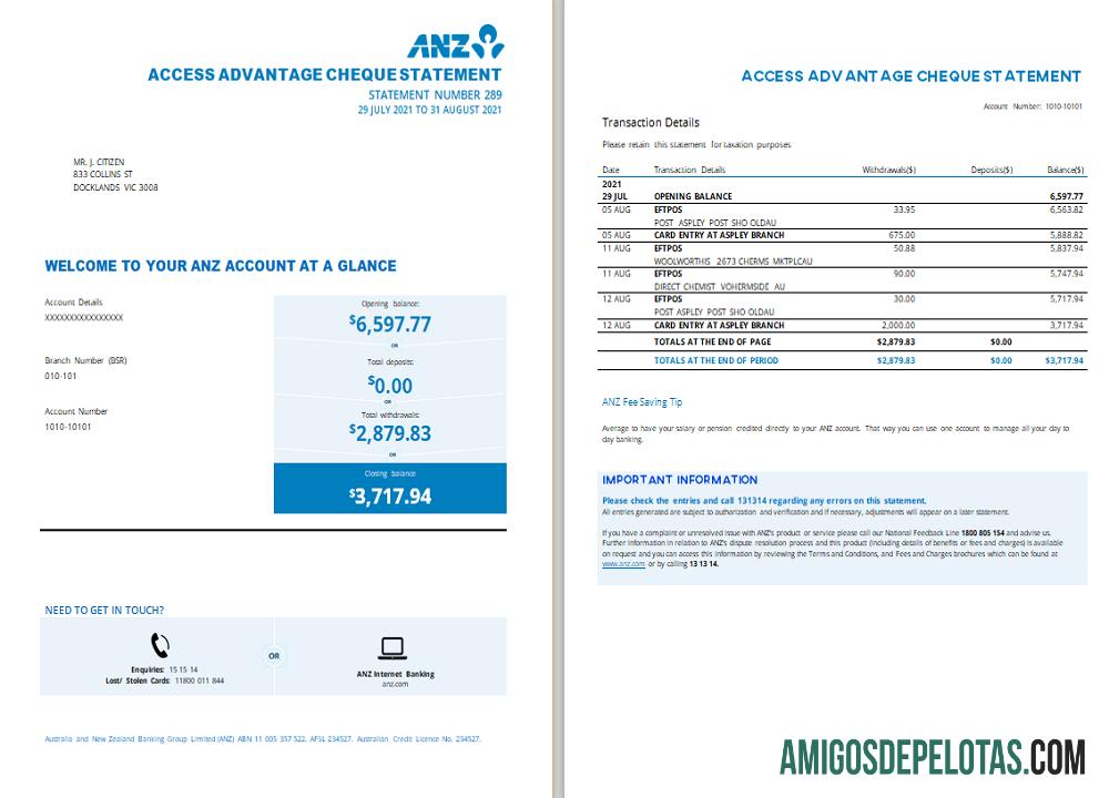 Profesional Australia ANZ proof of address bank laporan templat.1