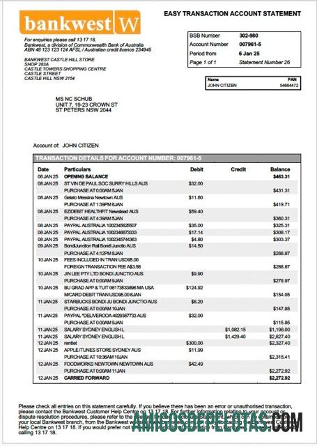 Realistis Australia Bankwest┬árekening laporan┬áWord and PDF templat