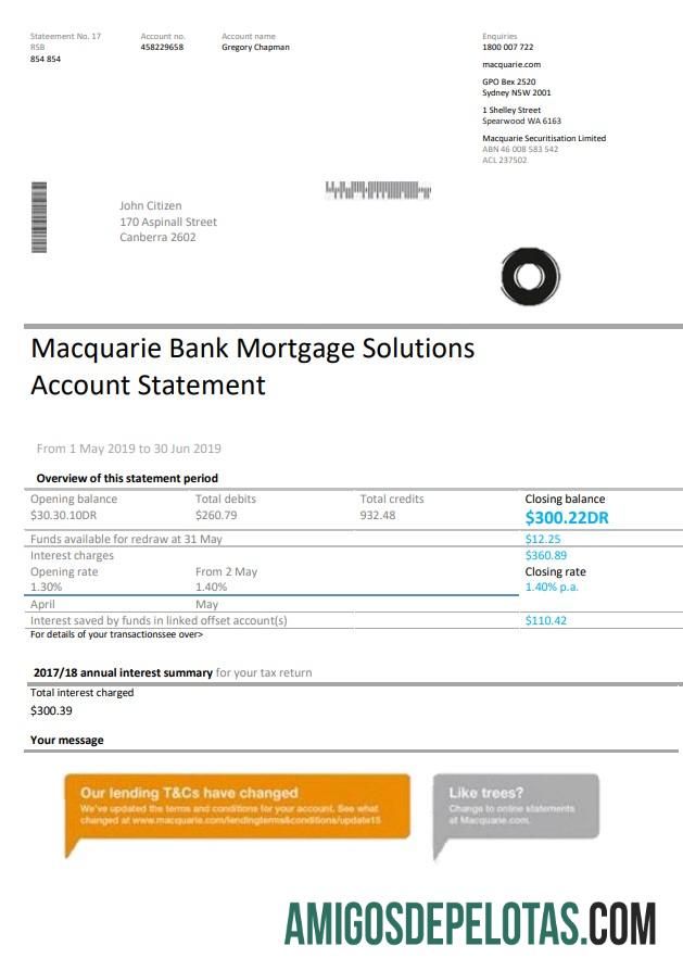 Profesional Australia Macquaire proof of address bank laporan templat in Word and PDF format (.doc and .PDF)