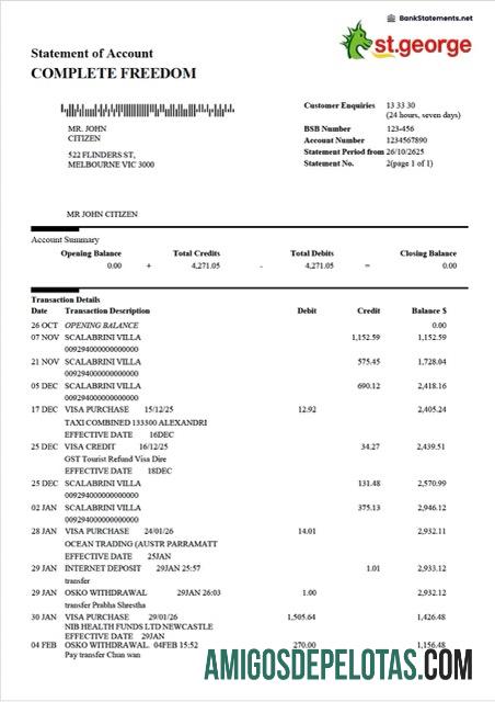 Realistis Australia St.George bank┬álaporan of rekening┬áWord and PDF templat