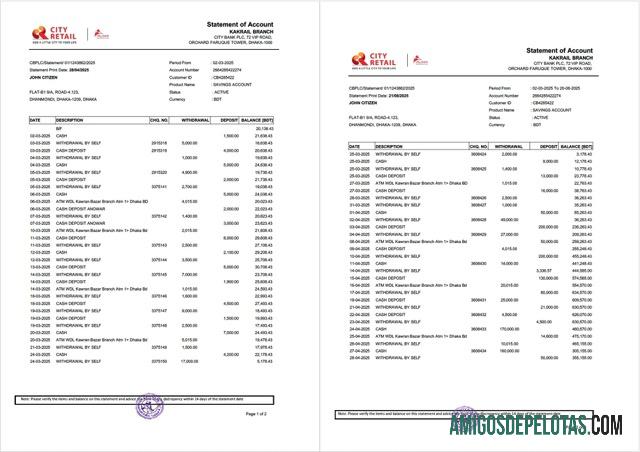 Realistis Bangladesh City bank laporan of rekening Word and PDF templat, 2 pages