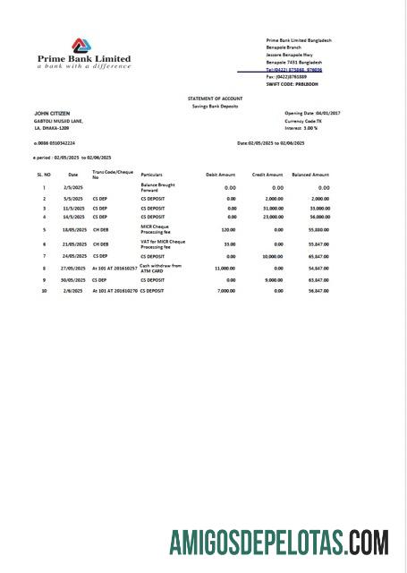 Profesional Bangladesh┬áPrime bank Limited┬álaporan of rekening┬áWord and PDF templat, versi 2