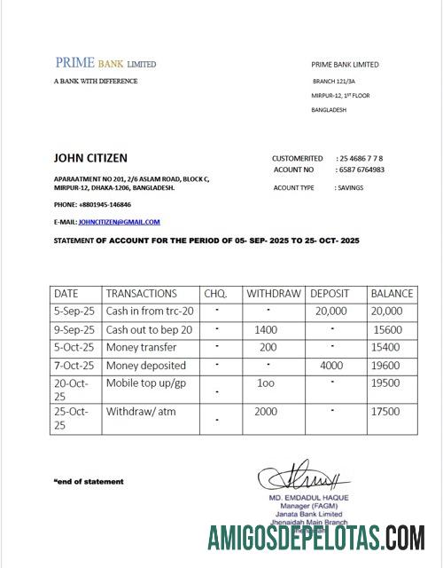 Profesional Bangladesh┬áPrime bank Limited┬álaporan of rekening┬áWord and PDF templat