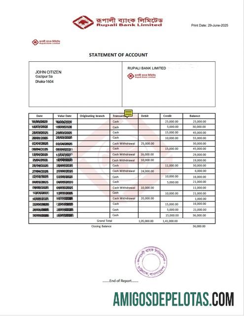 Dapat Diedit Bangladesh┬áRupali bank┬álaporan of rekening┬áWord and PDF templat