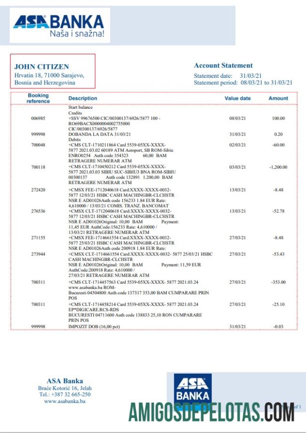Bosnia dan Herzegovina ASA Banka laporan sampel