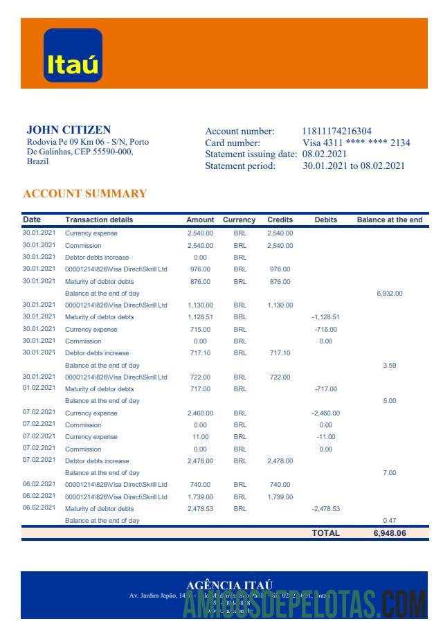 Realistis Brasil Itau bank laporan templat in Excel and PDF format