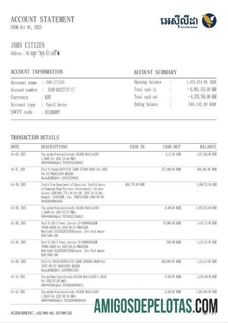 Berkualitas Kamboja ACLEDA bank rekening laporan┬áWord and PDF templat, versi 2
