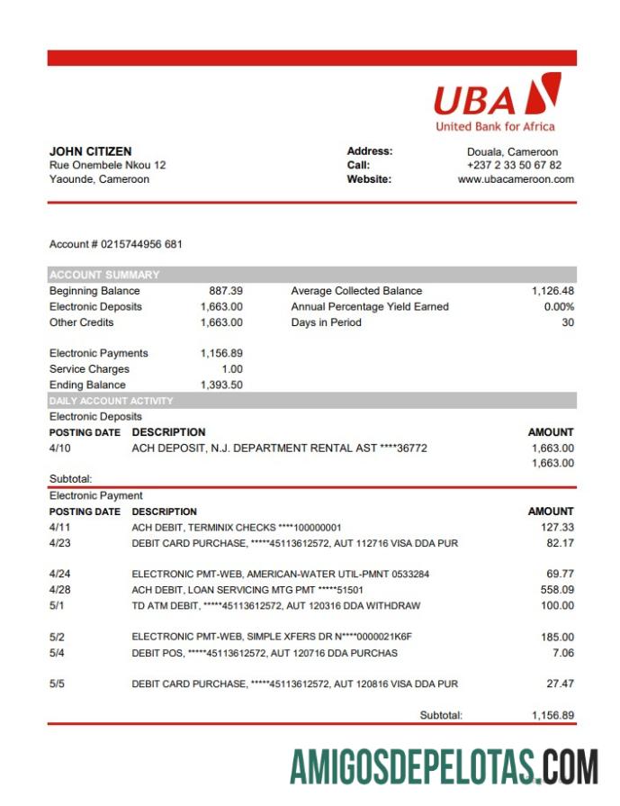 Berkualitas Kamerun UBA bank laporan easy to fill templat in Excel and PDF format