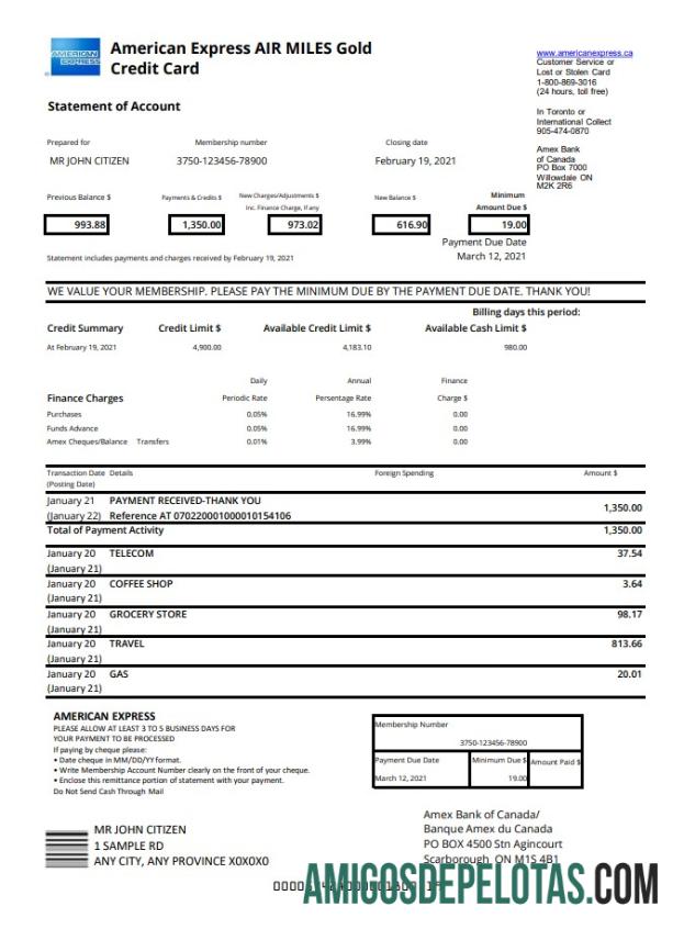 Kanada American Express Air Miles Gold Kredit kartu Excel PDF templat
