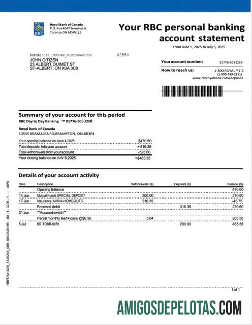 Premium Kanada Royal bank of Kanada rekening laporan Word and PDF templat