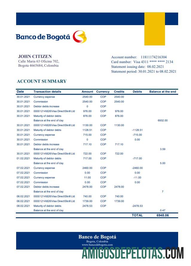 Kolombia Banco de Bogota╠ü Excel PDF templat