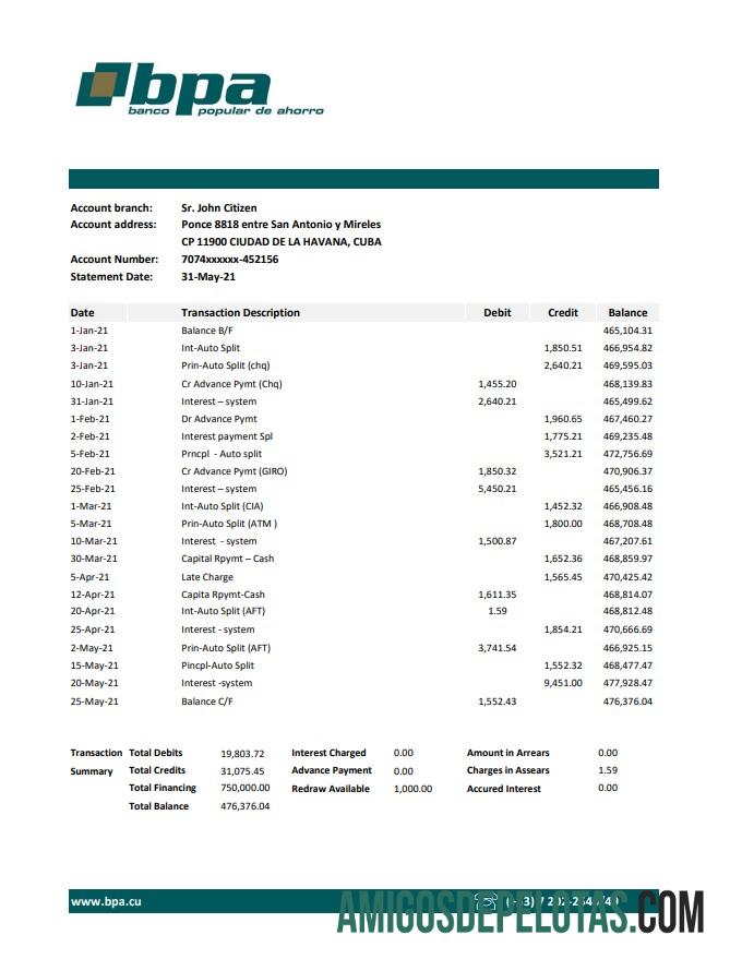 Realistis Kuba Banco Popular de Ahorro (BPA) bank laporan easy to fill templat in Excel and PDF format
