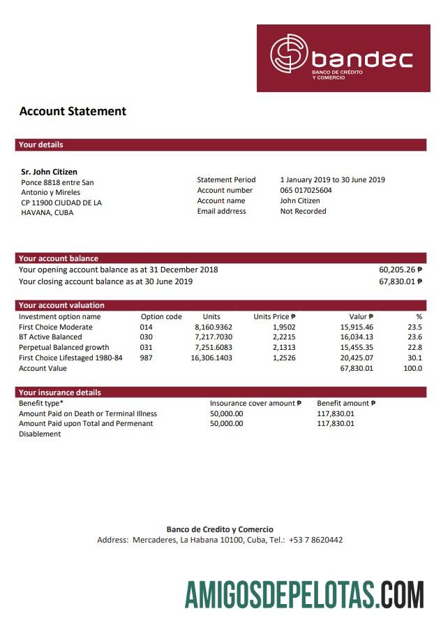 Kuba Bandec Banco de Credito y Comercio sampel