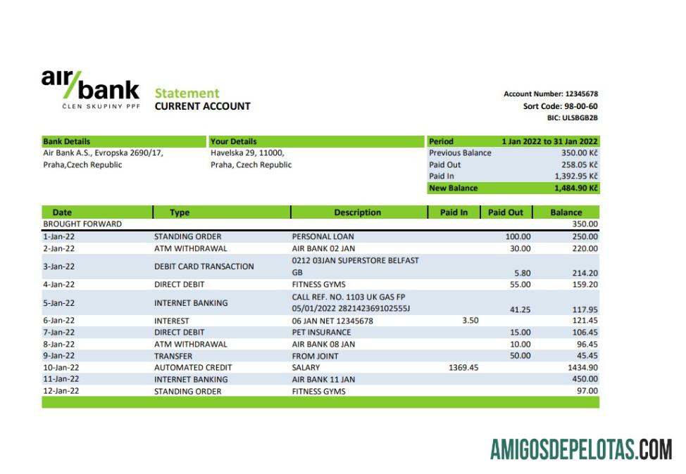 Ceko Air bank laporan XLS sampel