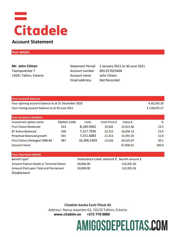 Realistis Estonia Citadele banka Eesti filiaal AS bank laporan templat in Excel and PDF format