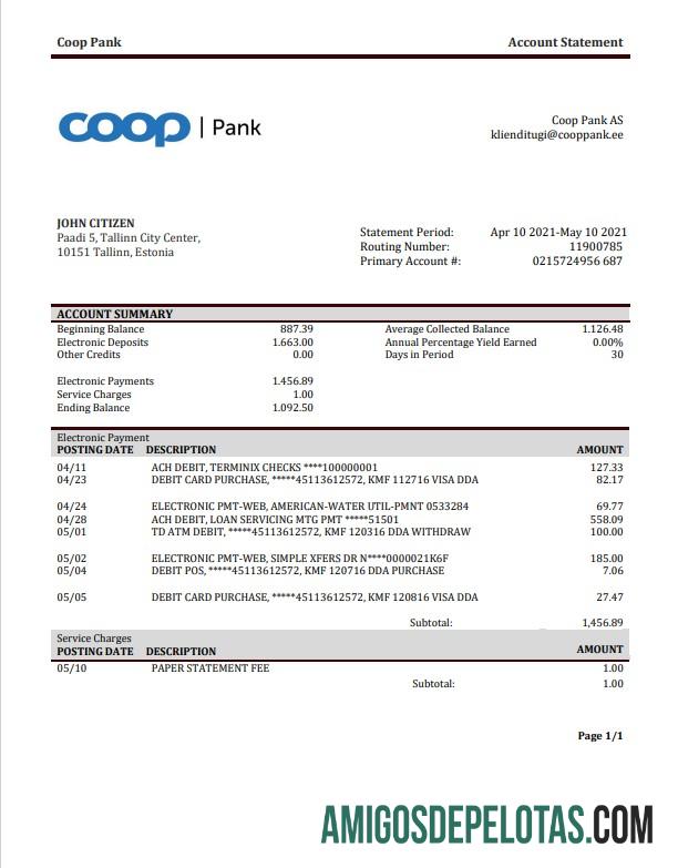 Dapat Diedit Estonia Coop Pank proof of address bank laporan templat in Word and PDF format