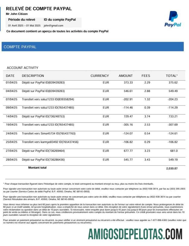 Prancis PayPal rekening laporan sampel