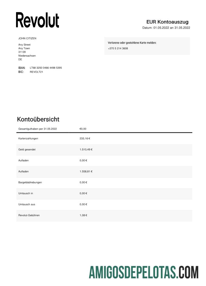 Profesional Jerman Revolut EUR bank laporan templat, Word and PDF format, 2 pages