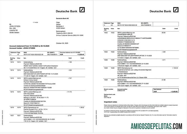 Realistis Jerman┬áDeutsche bank┬árekening laporan┬áWord and PDF templat, 2 pages