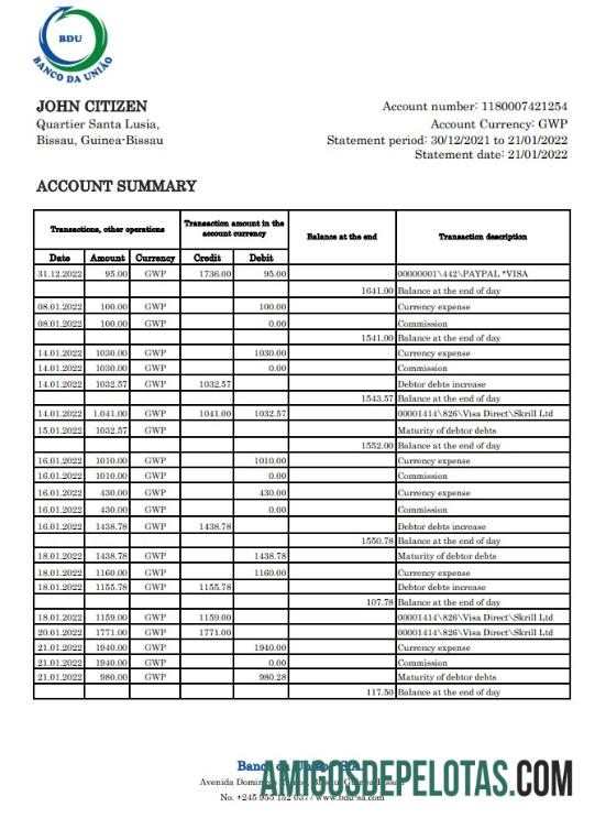Guinea Bissau Banco da Uniao bank laporan XLS sampel