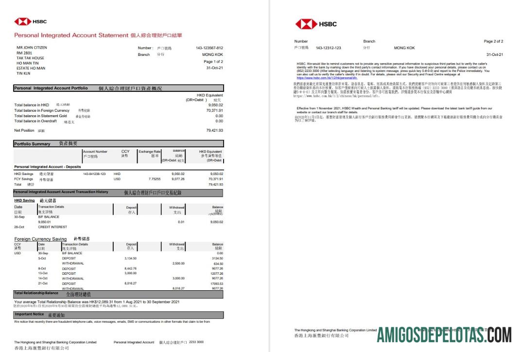 Realistis Hong Kong HSBC The Hongkong and Shanghai Banking Corporation Personal Integrated rekening laporan templat in Excel and PDF format (2 pages)