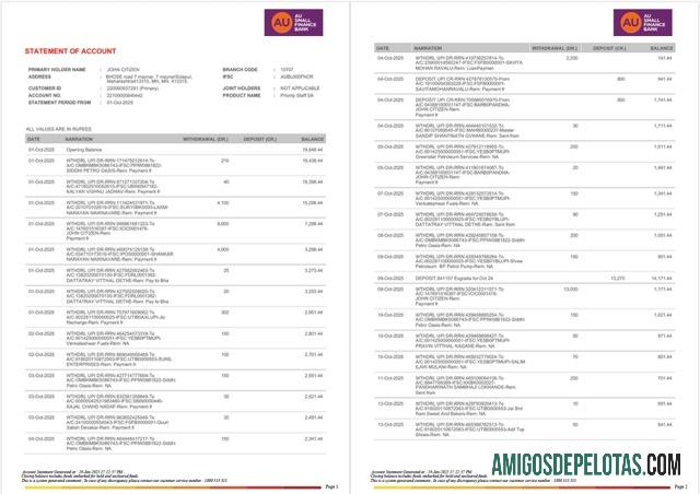 Berkualitas India AU Small Keuangan bank laporan of rekening Word and PDF templat, 2 pages