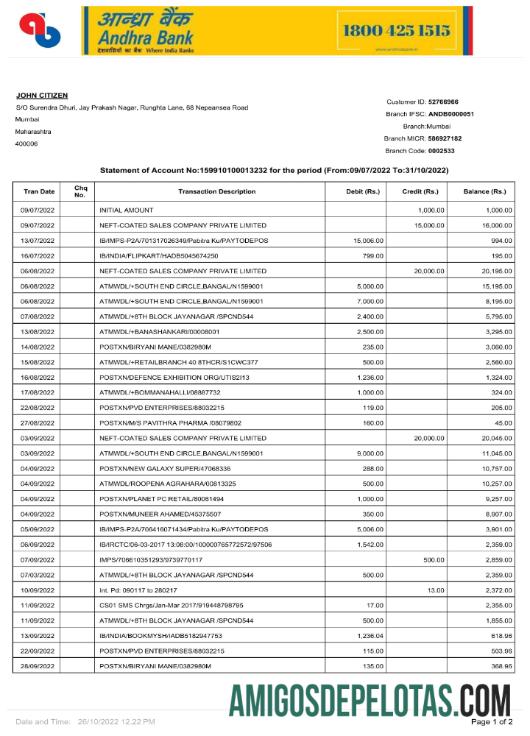 Berkualitas India Andhra bank laporan Word and PDF templat, 2 pages p1