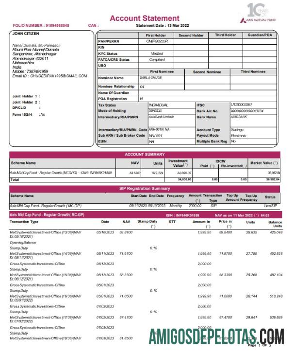 Realistis India Axis Mutual Fund bank laporan templat, Word and PDF format, 3 pages