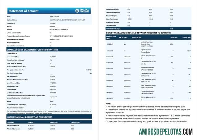 Realistis India Bajaj Finserv laporan of rekening Word and PDF templat, 2 pages