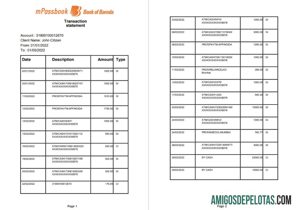 India bank of Baroda mPassbook bank Transaksi laporan, 4 pages sampel