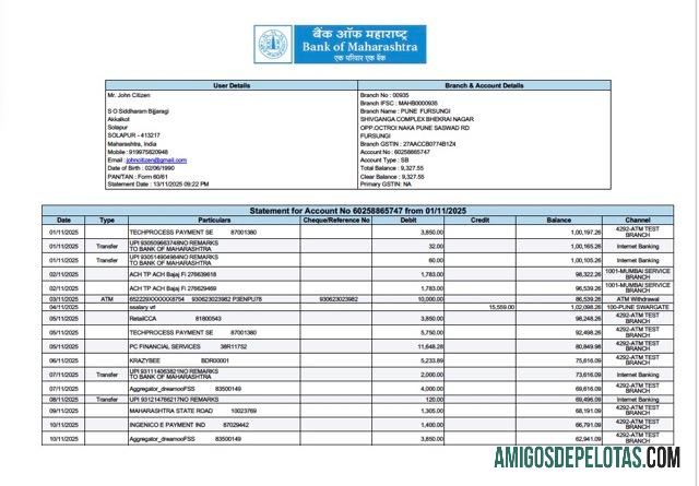 Profesional India bank of Maharashtra laporan for rekening┬áWord and PDF templat