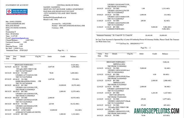 Berkualitas India Central bank of India laporan of rekening Word and PDF templat, 2 pages