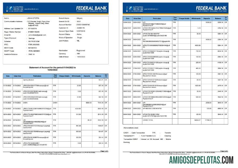 India Federal bank rekening laporan 3 pages pratinjau