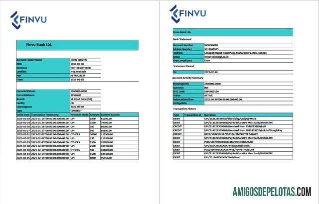 Premium India Finvu bank Ltd. rekening laporan┬áWord and PDF templat, 2 pages