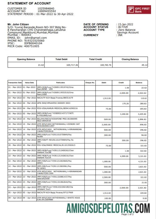 Realistis India IDFC First bank laporan templat, Word and PDF format, 2 pages