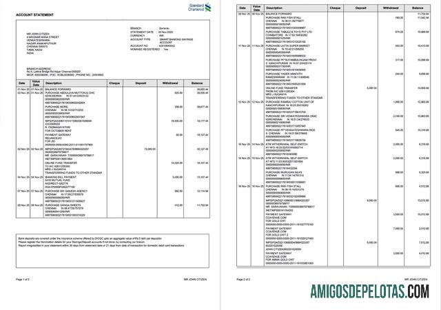 Realistis India standar Chartered bank rekening laporan Word and PDF templat, 2 pages, versi 2