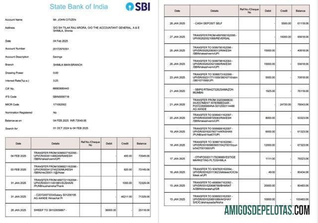Realistis India State bank of India rekening laporan┬áWord and PDF templat, 2 pages, versi 2