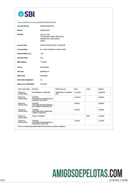 Profesional India State bank of India rekening laporan┬áWord and PDF templat, versi 3