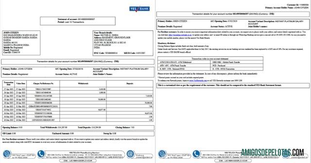 Dapat Diedit India Yes bank laporan of rekening Word and PDF templat, 2 pages