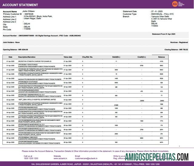 Profesional India┬áAU Small Keuangan bank rekening laporan┬áWord and PDF templat