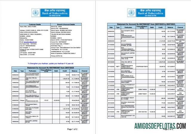 Dapat Diedit India┬ábank of Maharashtra laporan of rekening Word and PDF templat, 2 pages