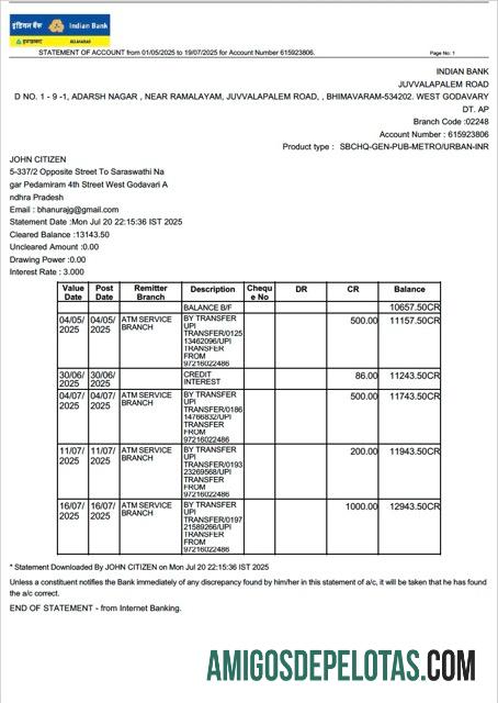 Realistis Indian bank Allahabad laporan┬áof rekening Word and PDF templat, versi 2