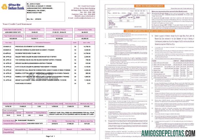 Indian bank Kredit kartu laporan 2 pages sampel